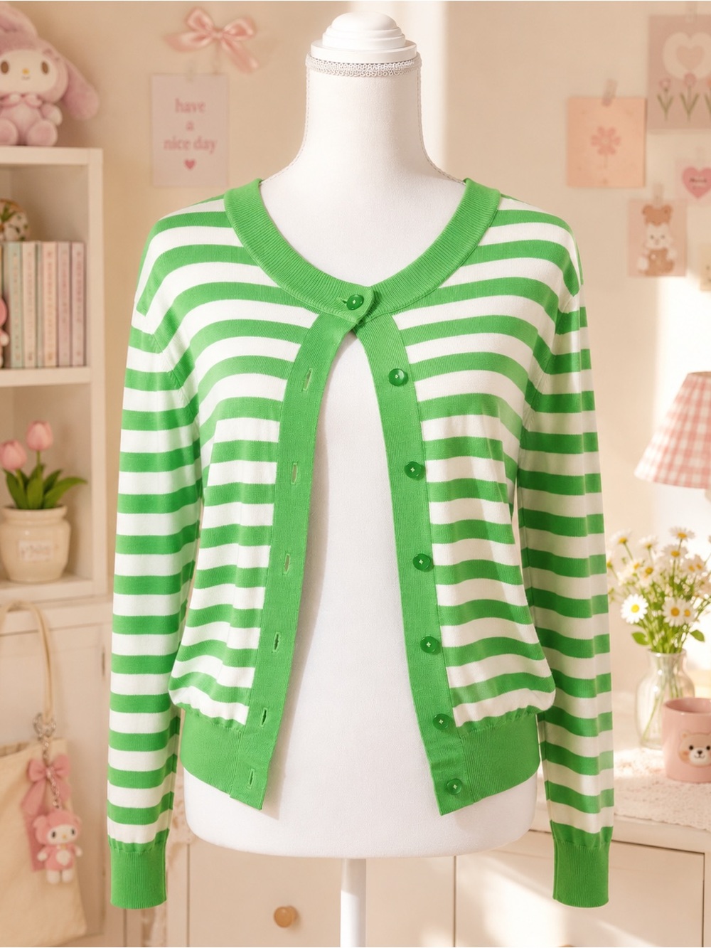 ZARA Green & White Striped Knit Sweater – Size L